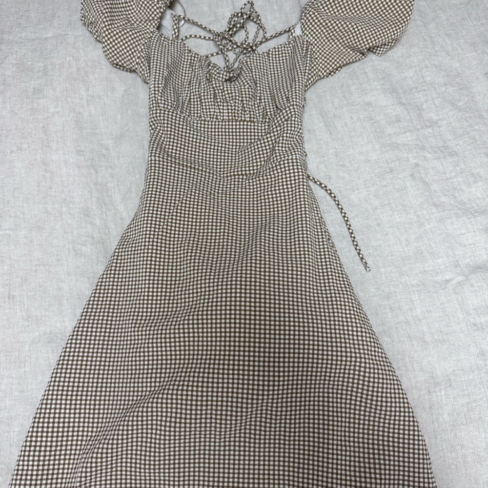 Oak & Fort: Gingham Puff-Sleeve Tie-Back Midi Dress
